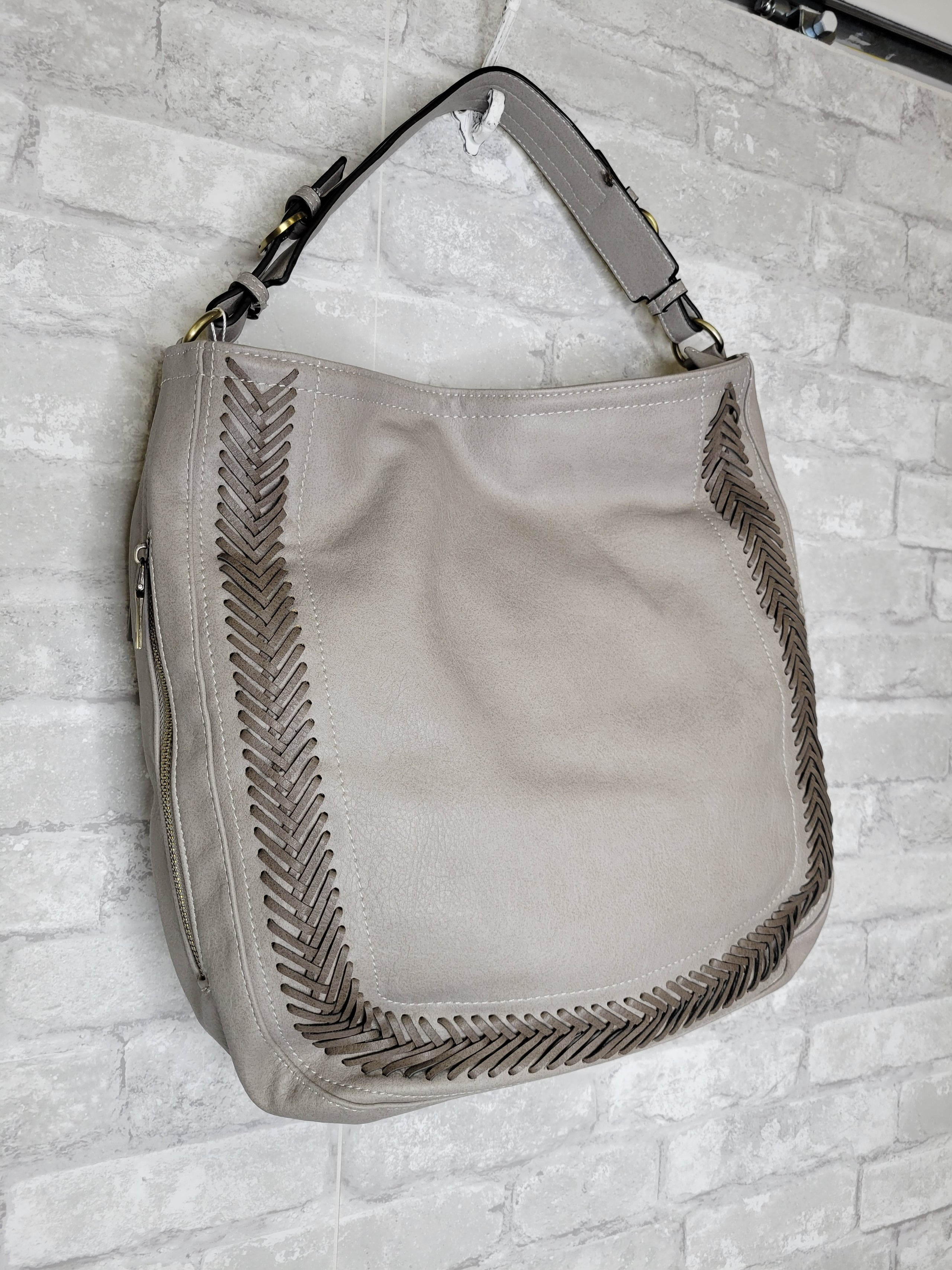grey saddle bag with whipstitch design Jen & Co | Angel Wings & CT